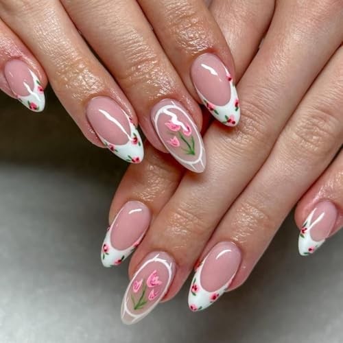 Press on Nails and Toenails Set – 48Pcs Medium Almond French Tip Fake Style-33