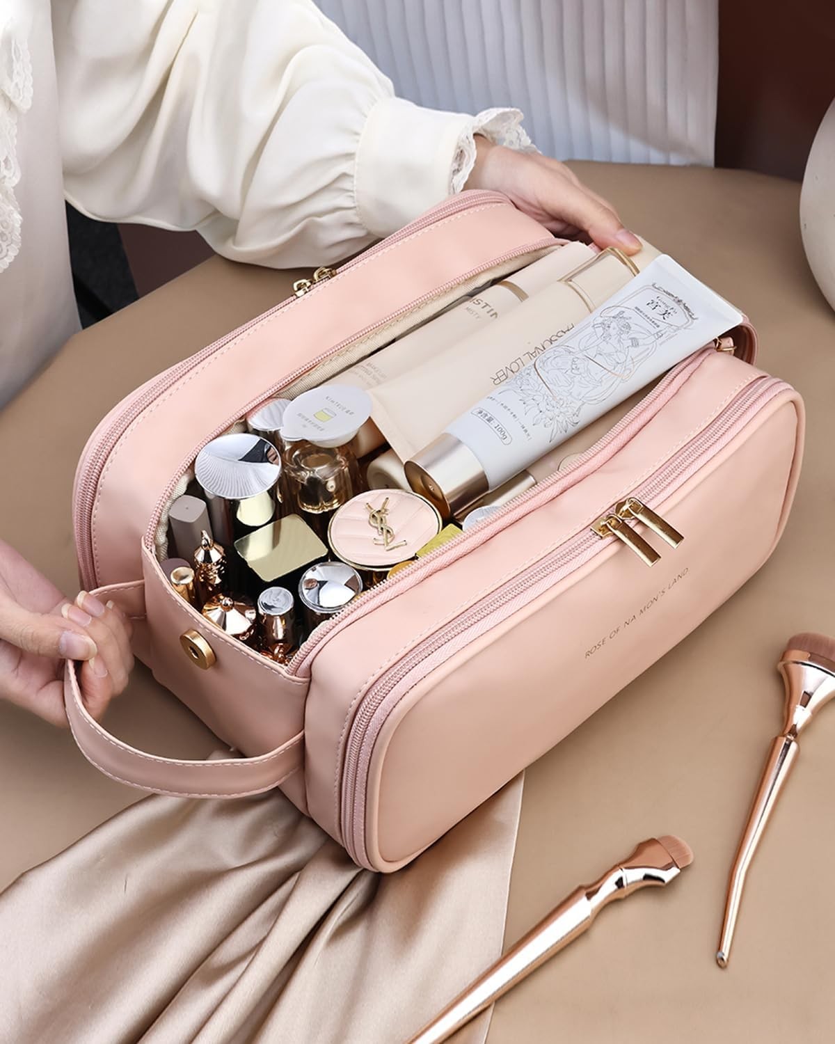 Travel Makeup Bag For Women, Large Capacity Cosmetic Organizer With Wide Opening