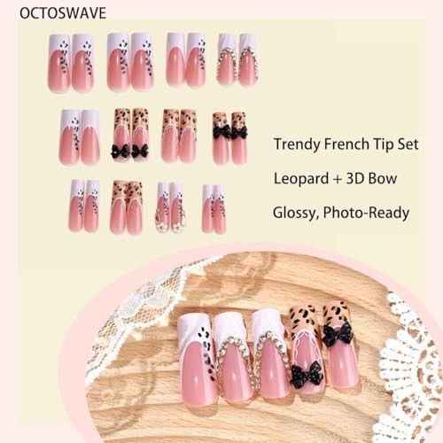 Square Press on Nails – Leopard & 3D Black Bow French Tip Nude Long Pink