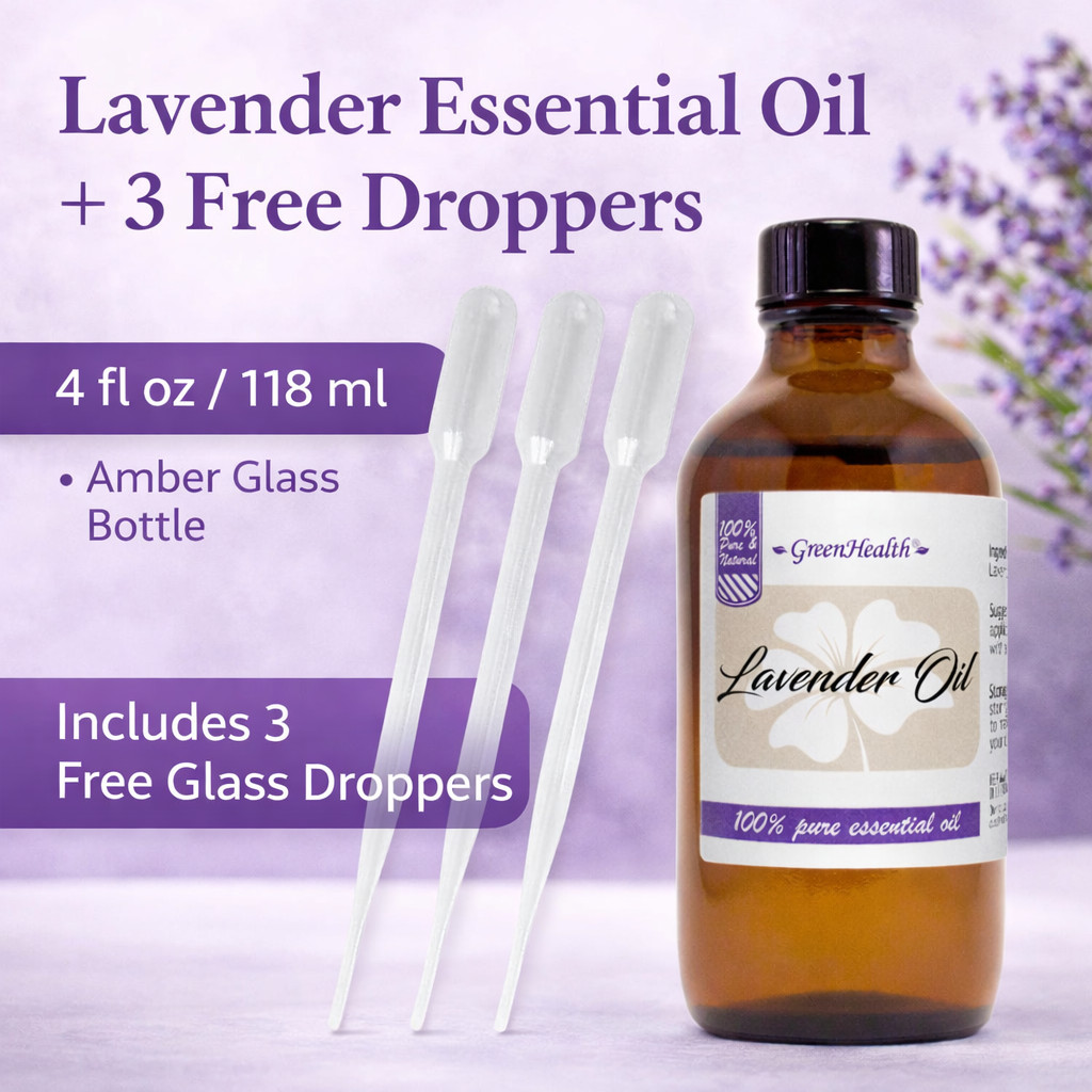 4 fl oz GreenHealth Lavender Essential Oil w/ 3 Free Droppers