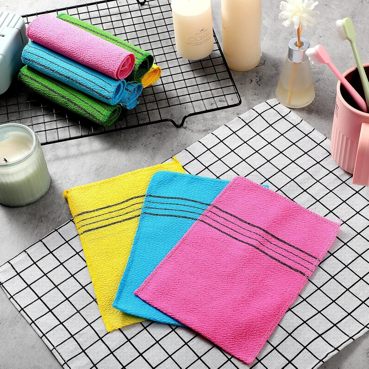 Korean Exfoliating Mitts – 12 Pack Body Scrubber Towels in Assorted Colors