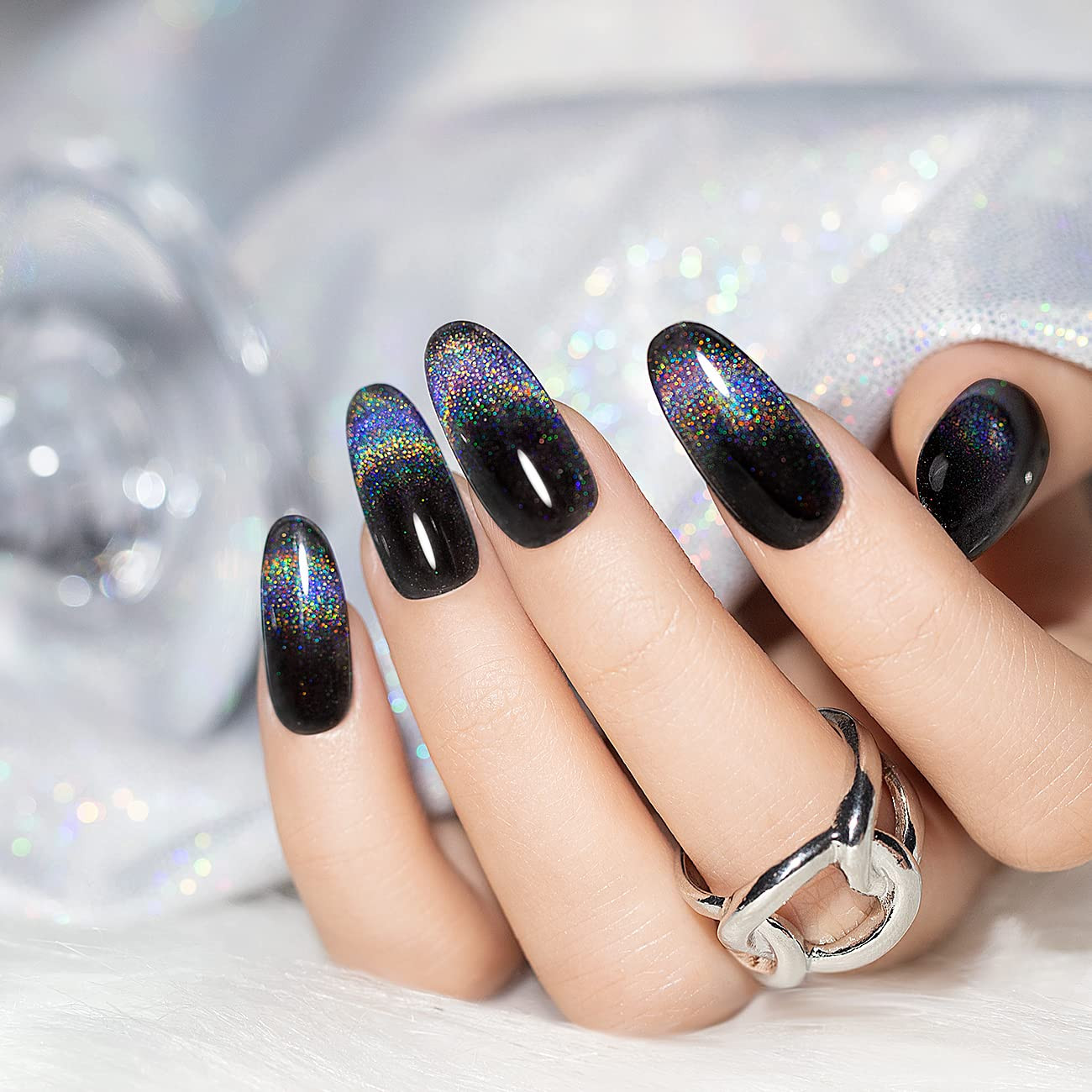 Cat Eye Gel Nail Polish, Galaxy Chameleon Magnetic Gelpolish Black Holographic G