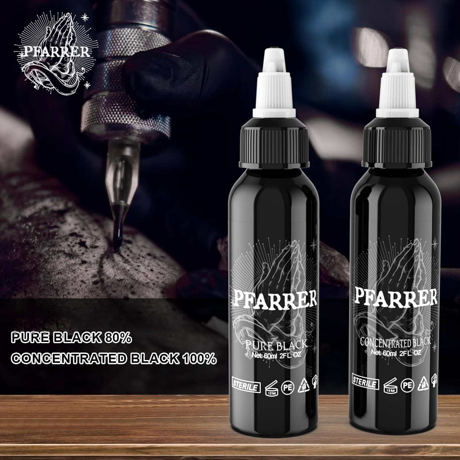 PFARRER Black Tattoo Ink 2Oz(60Ml) Vegan-Friendly USA Standard Pigment Tattoo Su