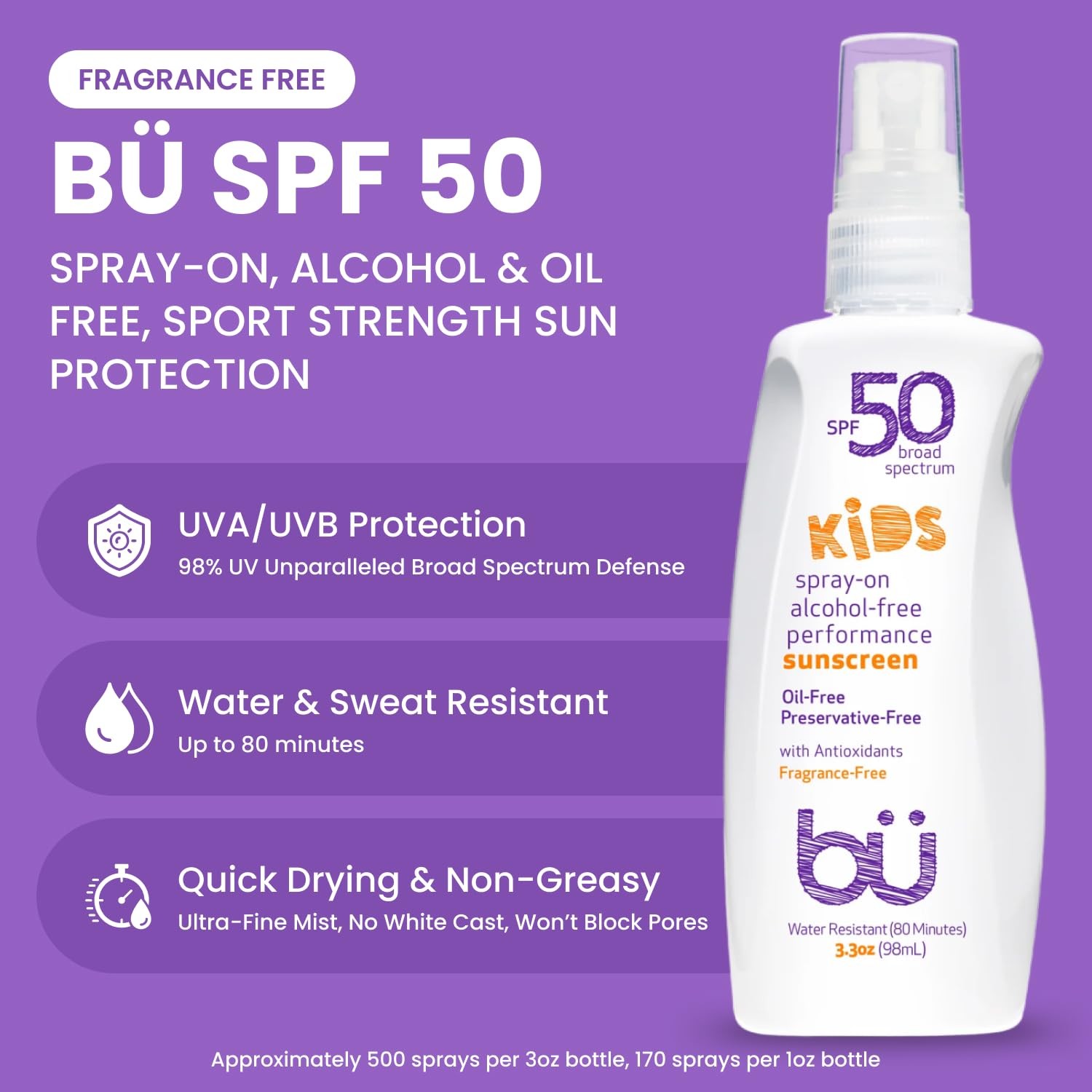 BU SPF 50 Kids Sunscreen Spray TSA Travel Size Non Aer«o«sol Clear Water Resis