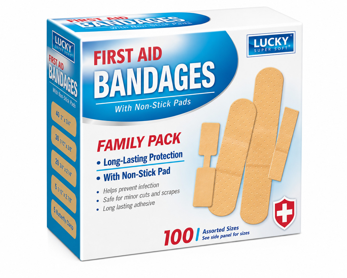 Lucky Super Soft First Aid Bandages Family Pk 100 Assorted Sizes 1 Box of 100