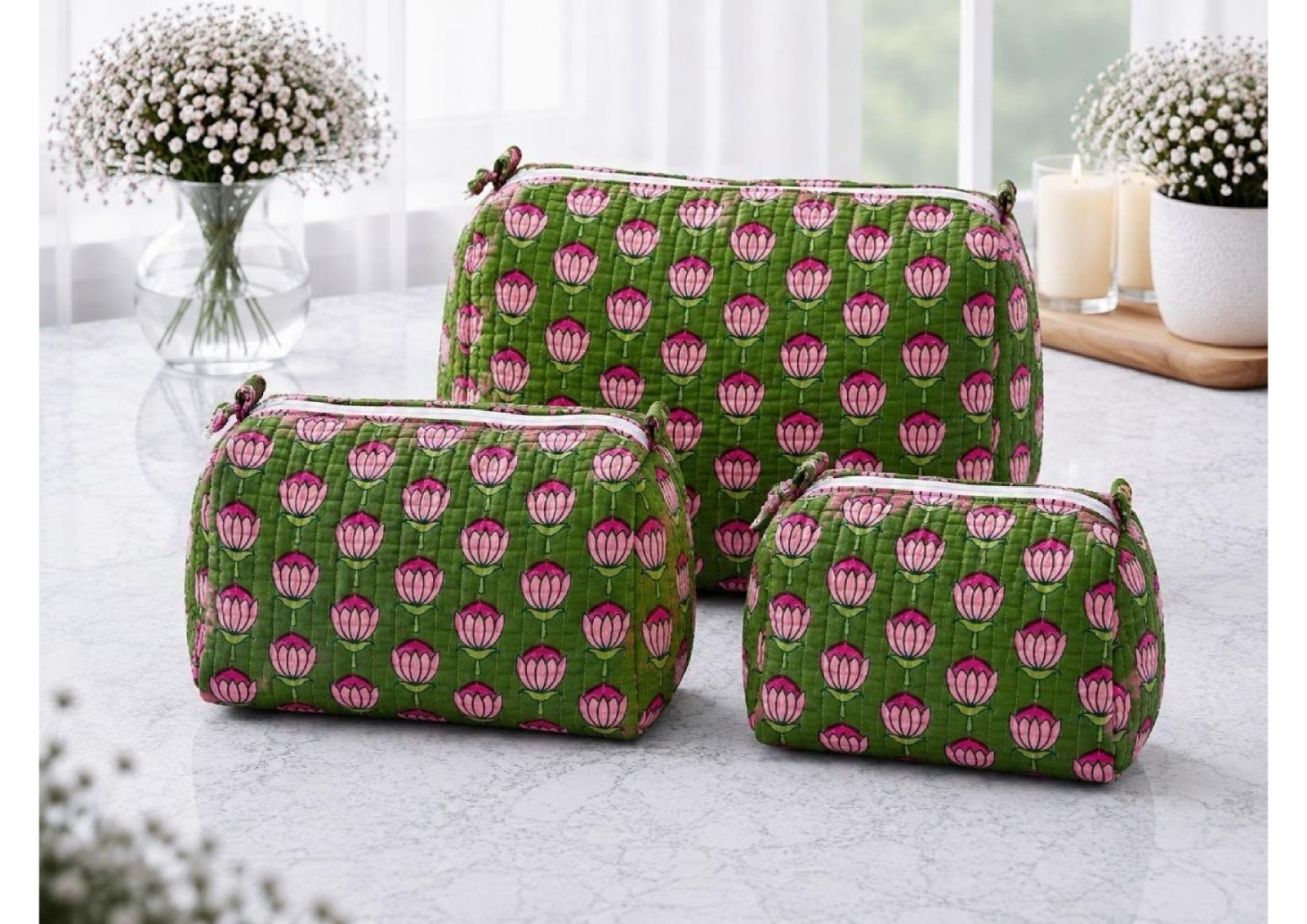 Hand-Block Printed Floral Cotton Makeup Bag Set | Autumn Leaf Toiletry Organizer