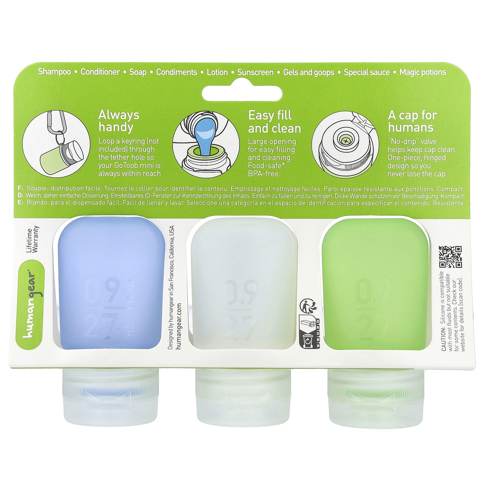 GoToob® Mini, Blue, Clear & Green, 3 Pack, 0.9 fl oz (27 ml) Each
