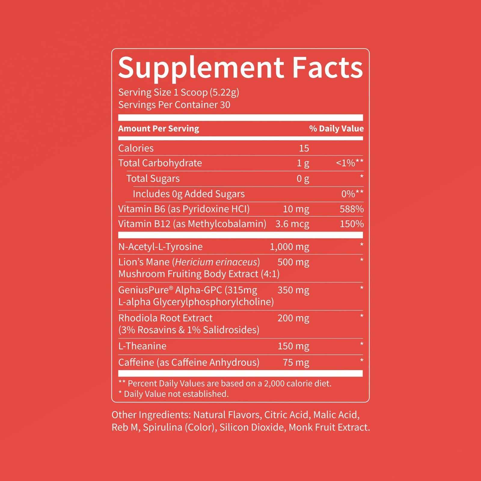 Nootropic Focus Drink Mix – Sugar-Free, L-Theanine, Rhodiola, Lion’s Mane, 30 Se