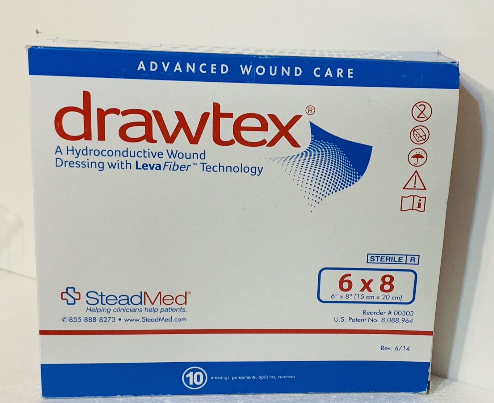 10 DRAWTEX Hydroconductive Wound Dressing w/ LEVAFIBER 6″x8″ 1BX/10EA Exp2028