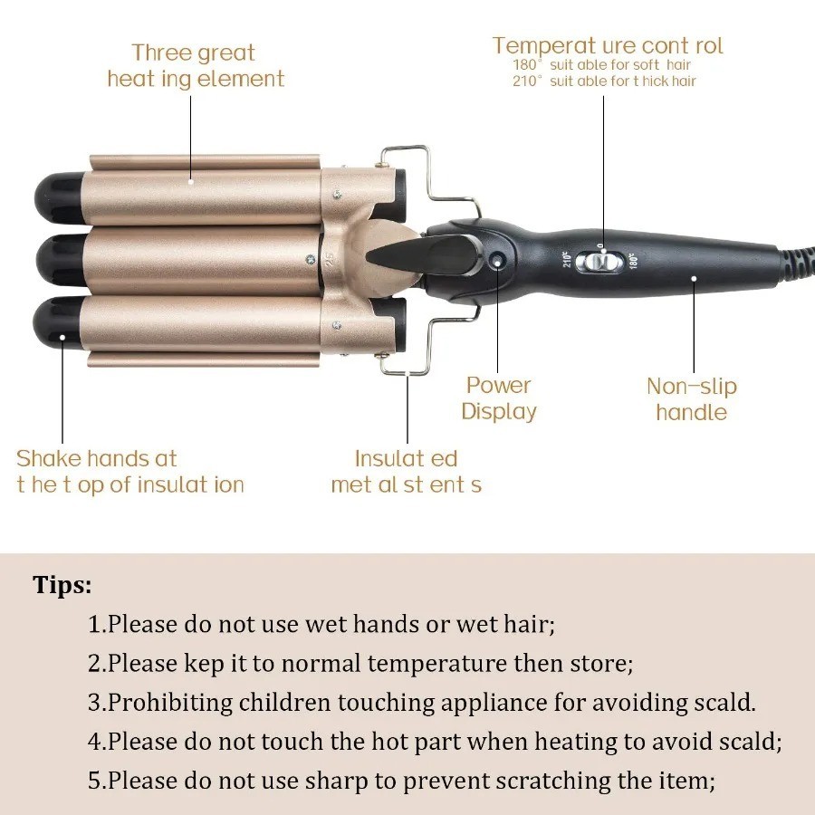1 Inch 3 Barrel Curling Iron Ceramic Tourmaline Hair Waver LCD Display
