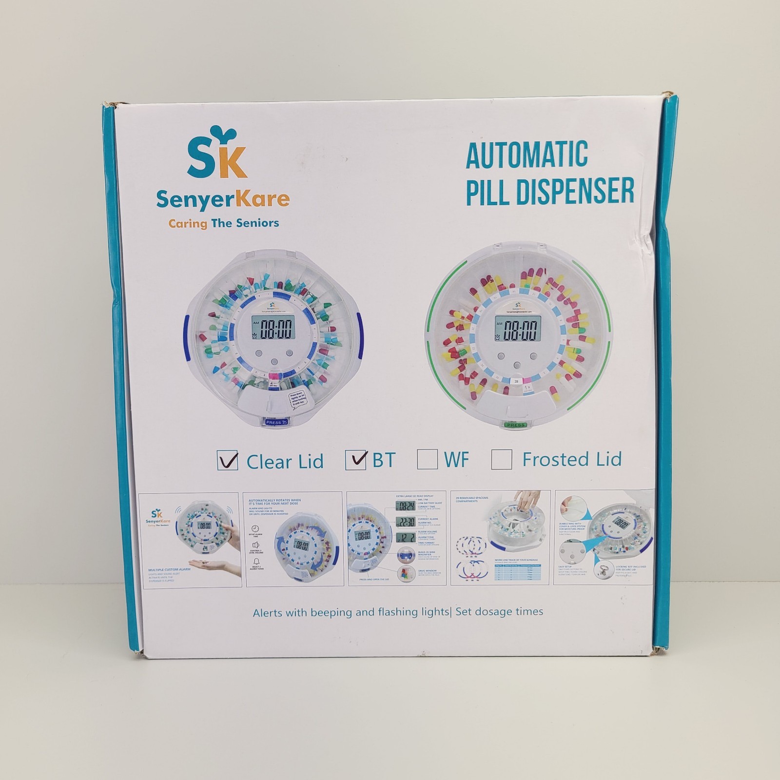 Senyerkare Bluetooth Automatic Pill Dispenser, Lock Compartment, Clear Lid