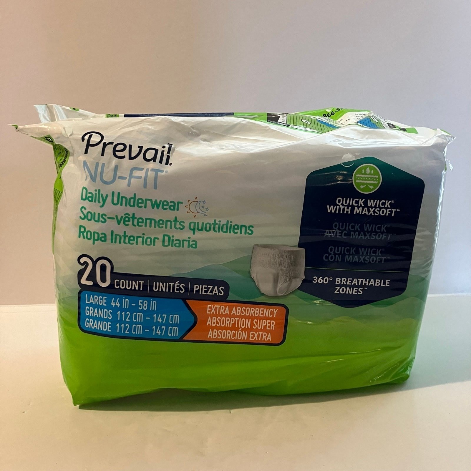 Prevail Nu-Fit – Adult Daily Underwear – Unisex – Size Large – Pack of 20 – New