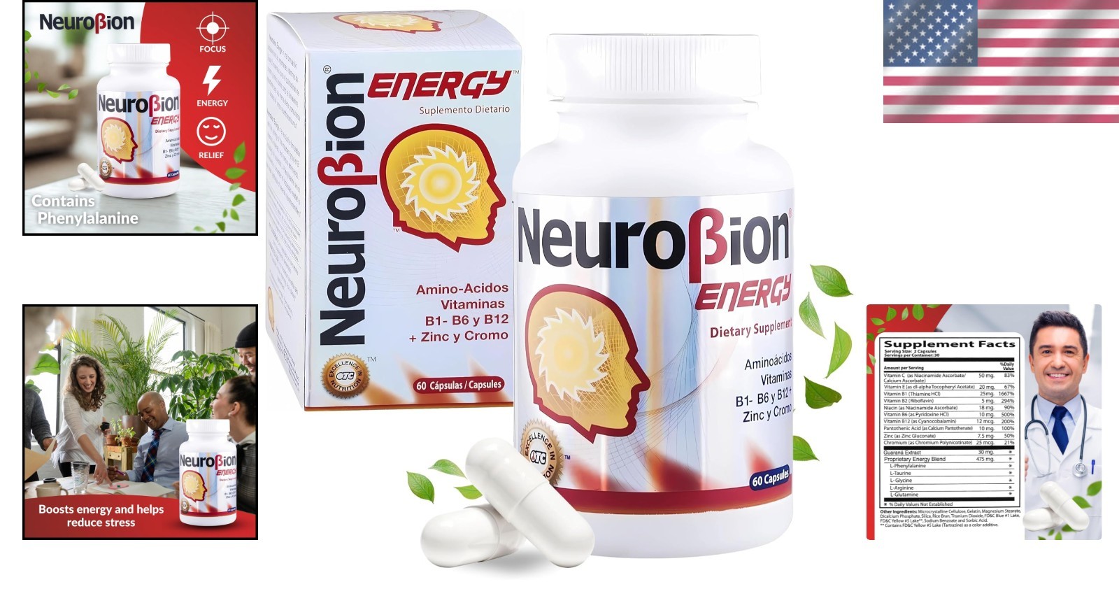 60 Unflavored Amino Acid & Vitamin B Capsules for Enhanced Stamina & Alertness