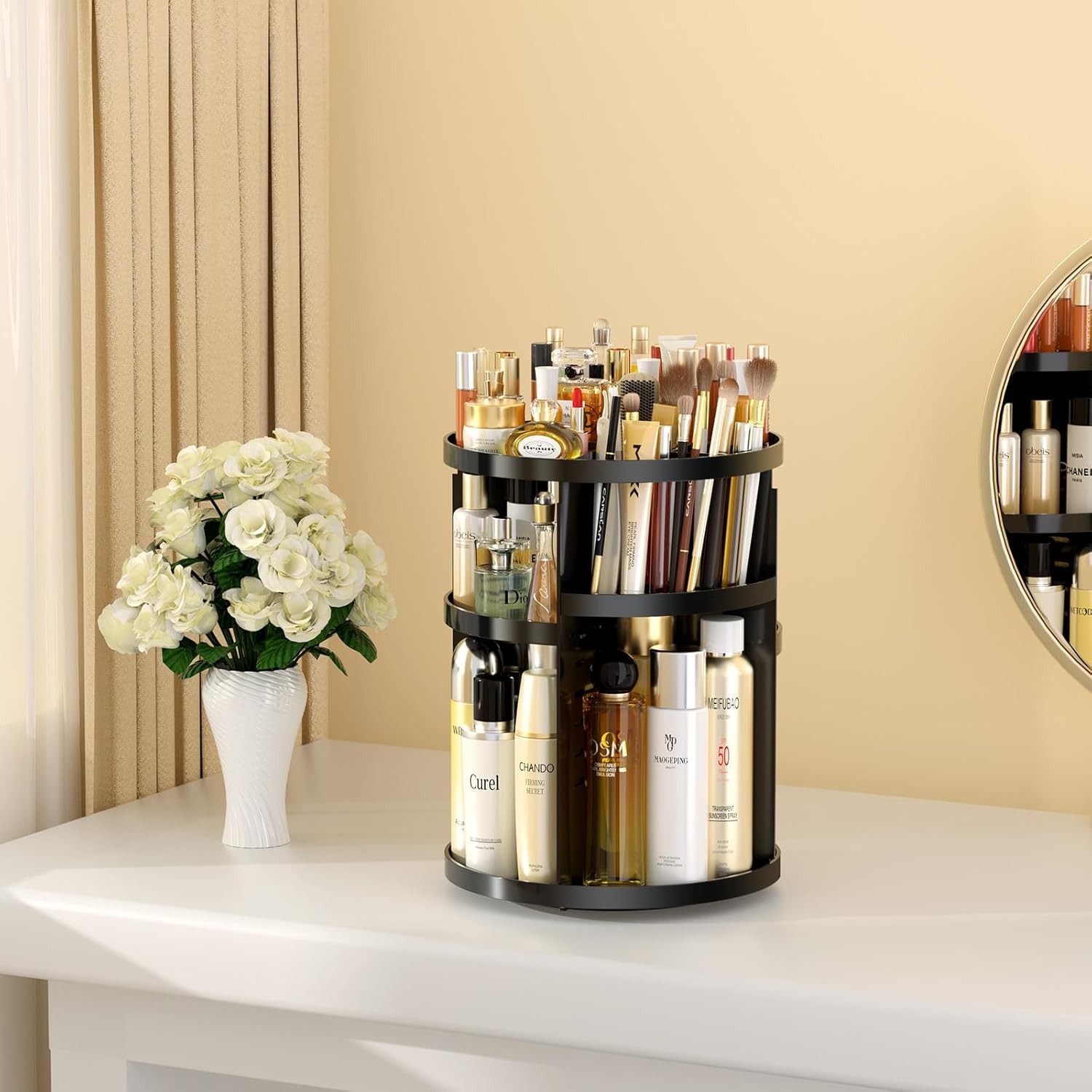 Makeup Organizer 360 rotating, Adjustable Skincare Organizers with Brush Holder