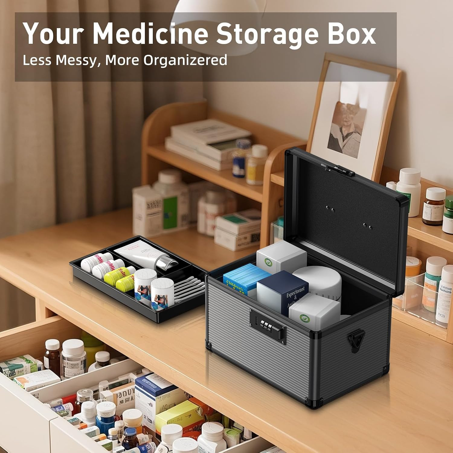 Medicine Lock Box with Code, Medication Small-10Inch, Black