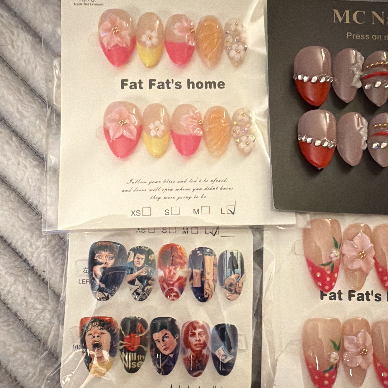 Fat Fat’s home Press-On Nails Long Almond 3D Floral Multicolor Shiny