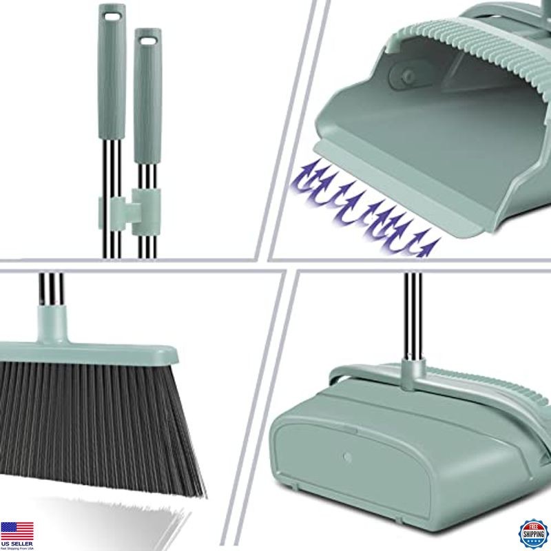 Large Broom and Dustpan Set with Long Handle for Indoor Outdoor Use – Green