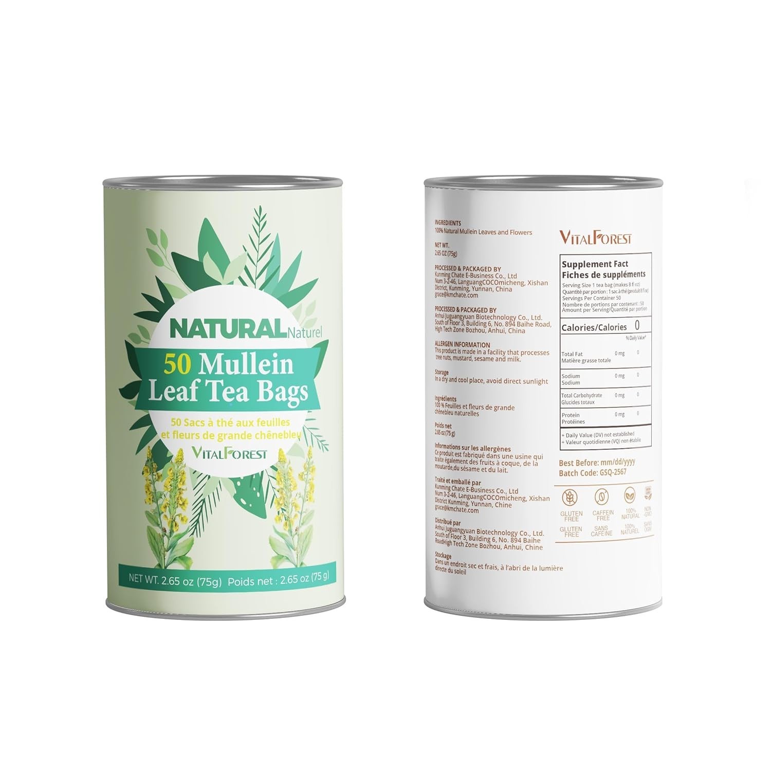 50 Mullein Tea Bags for Lungs, VitalForest 100% Pure Mullein Leave Tea, Lung Det