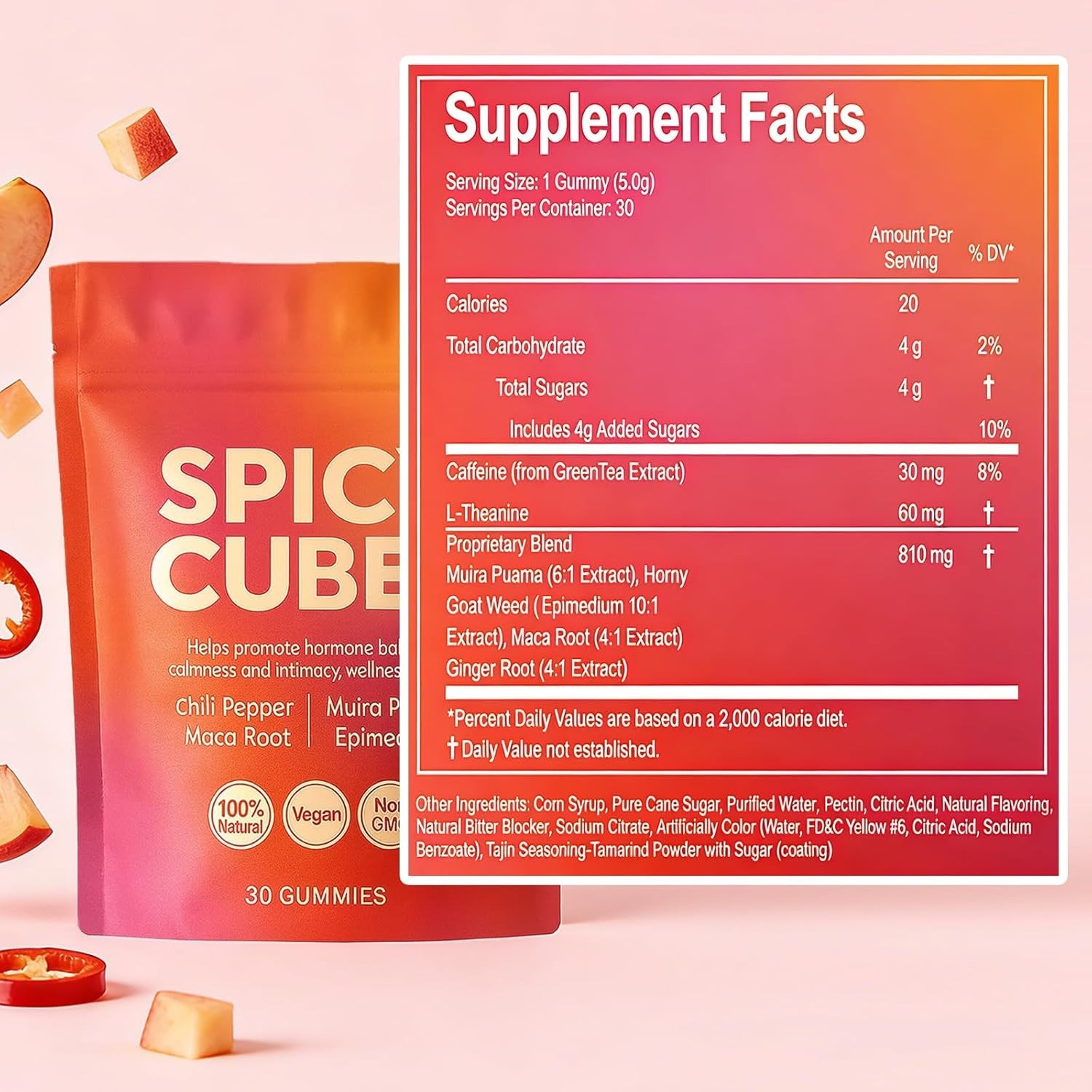 Spicy Cubes Hot Peach Gummies With Chili Pepper, Maca Root And Muira Puama Gummy