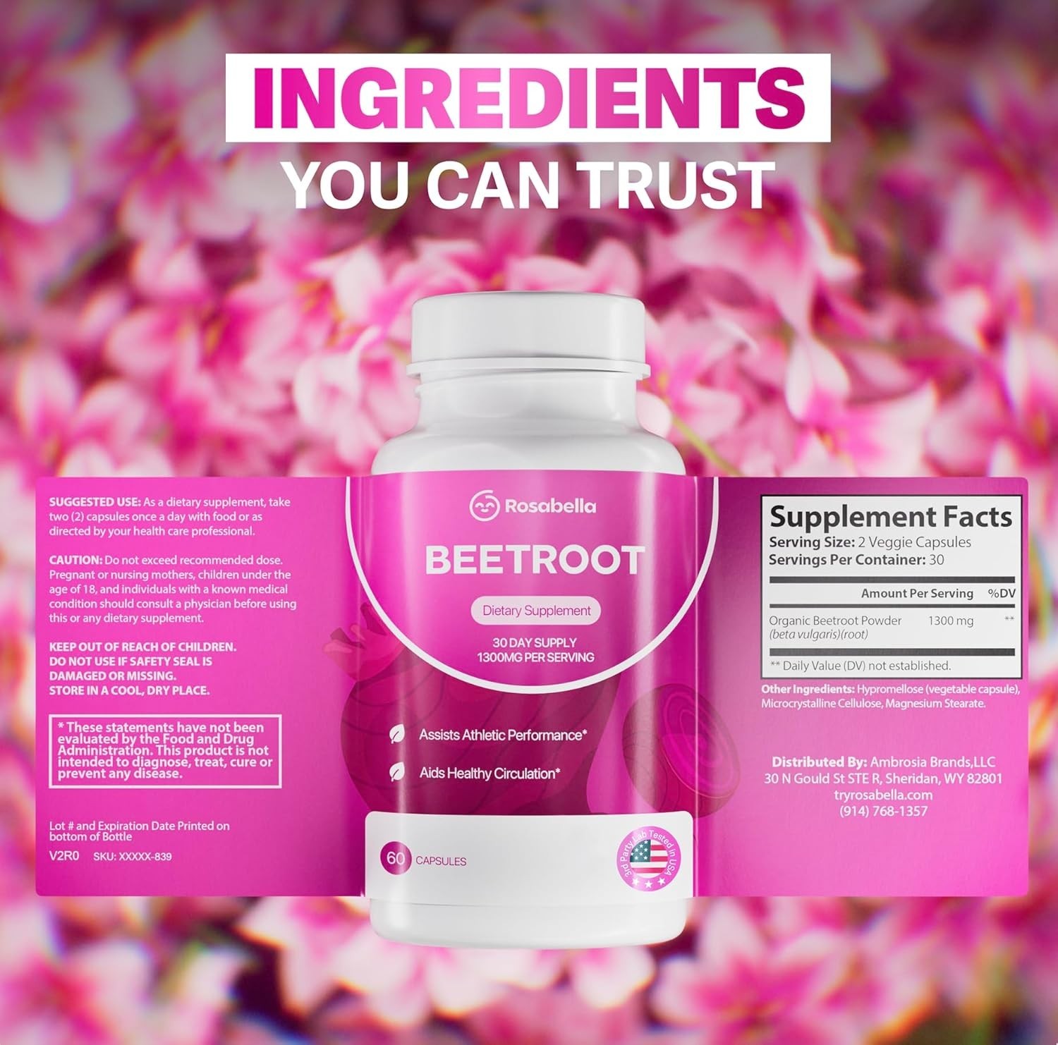3Pack Rosabella Organic Beet Root 60 Capsules Natural Energy-Boost Blood Pressur
