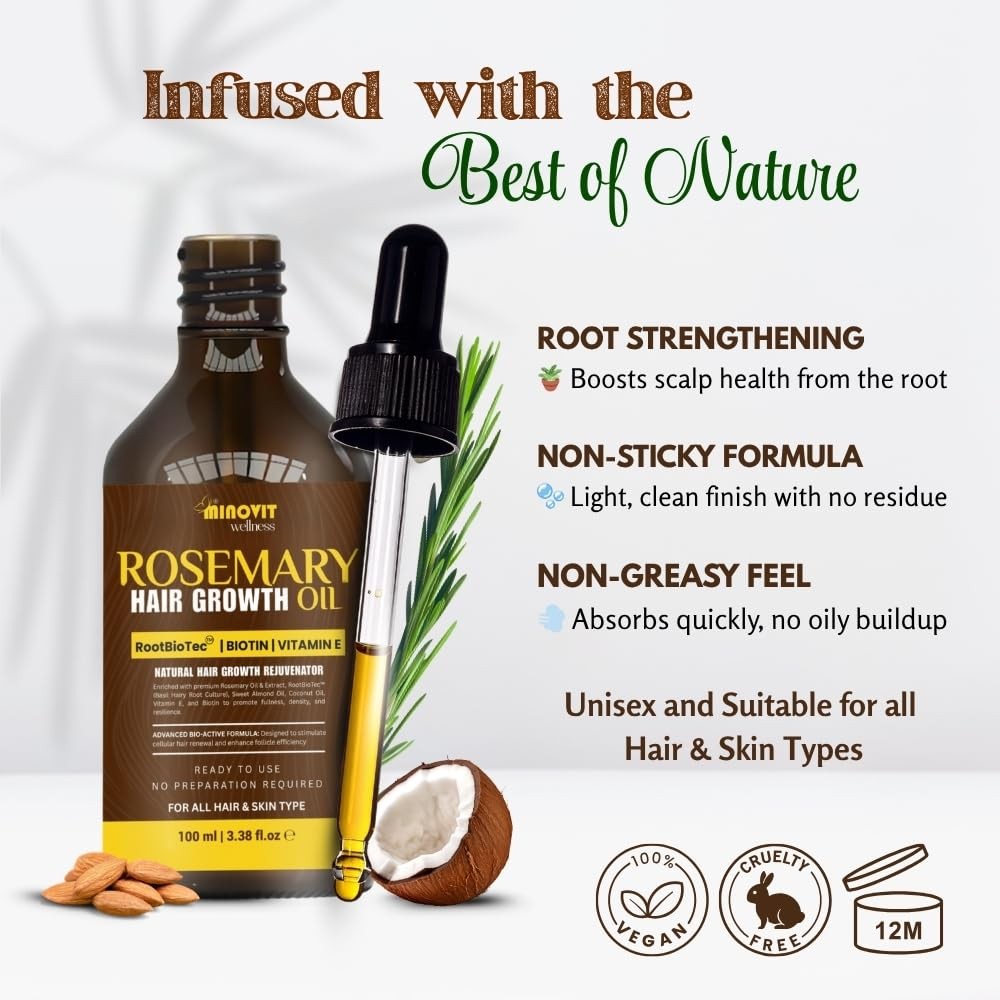 Rosemary Oil For Hair Growth (3.4 Fl Oz) Infused With Biotin, Vitamin E, Almo…
