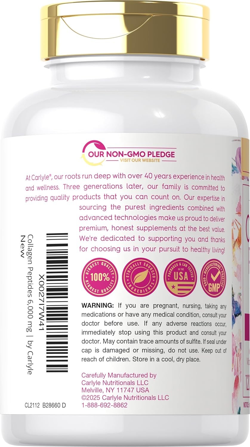 Collagen Peptides Pills 6000 mg | 120 Caplets | Type 1 & 3, Vitamin C | Carlyle