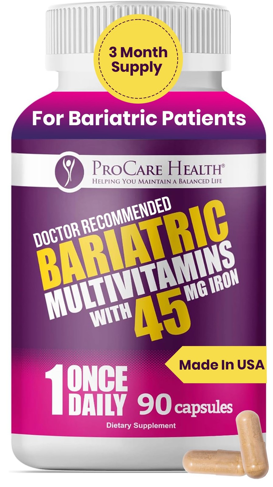 ProCare Health Bariatric Multivitamin 45mg Iron – Once Daily Capsule for Gas…