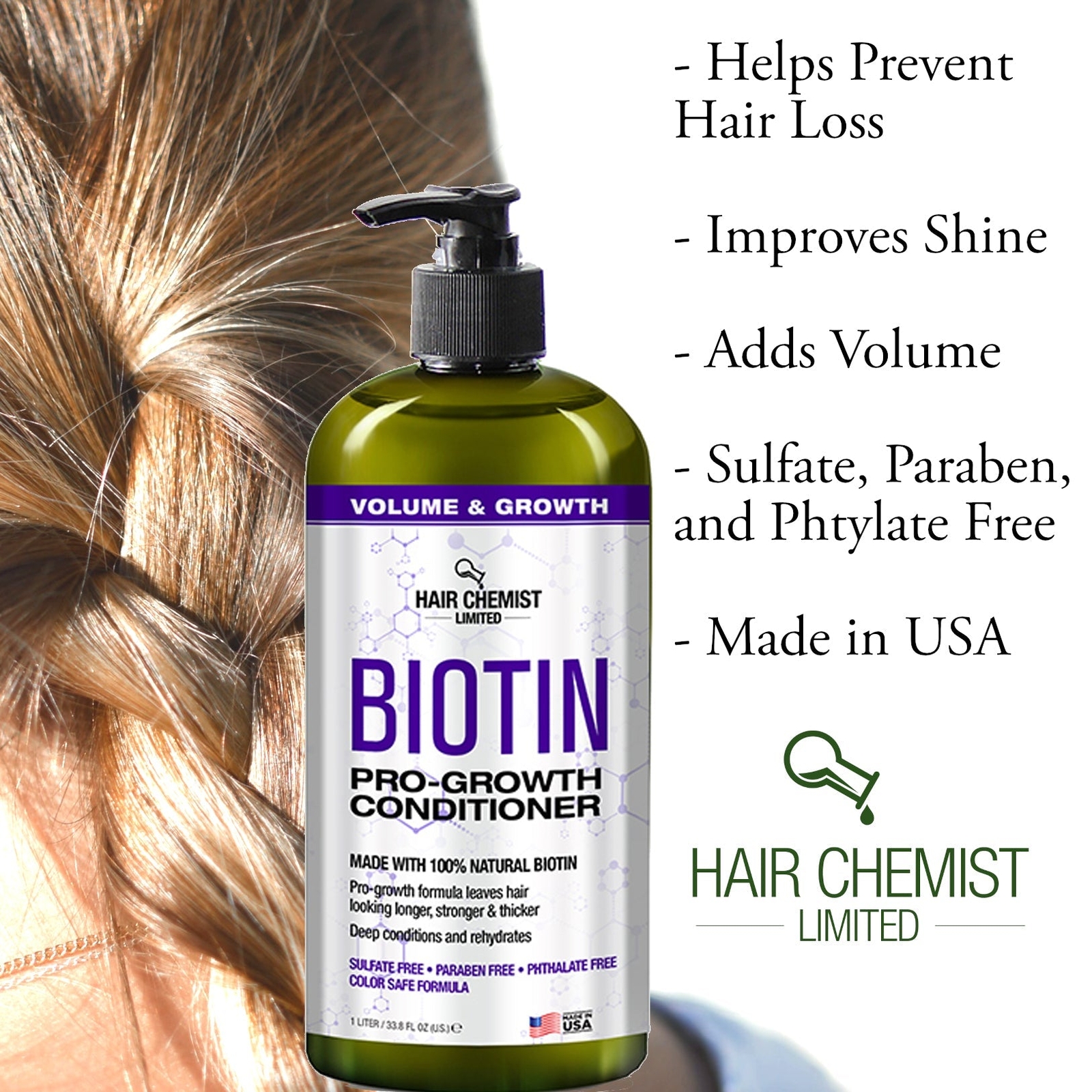 Hair Chemist Biotin Pro-Growth Shampoo & Conditioner Set – Includes 33.8oz Shamp