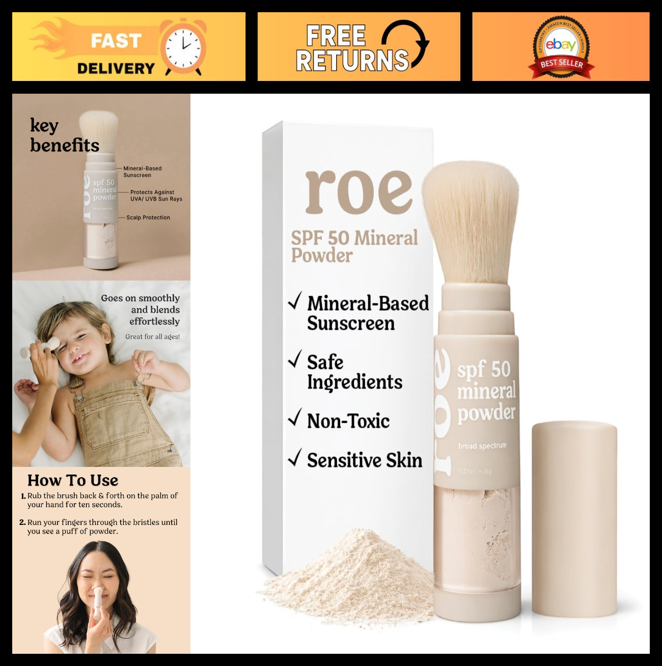 SPF 50 Mineral Powder Sunscreen Brush-On for Kids, Adults & Babies – Reef Safe!