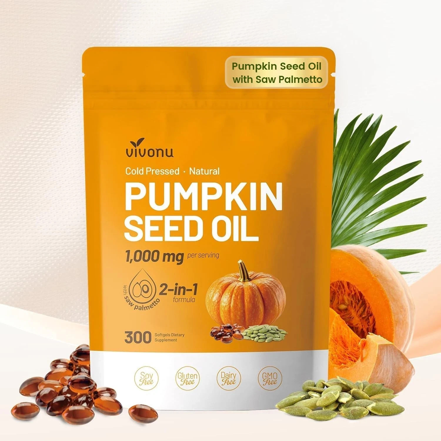 VivoNu Pumpkin Seed Oil with Saw Palmetto Capsules|Cold Pressed, Pure Virgin Oil