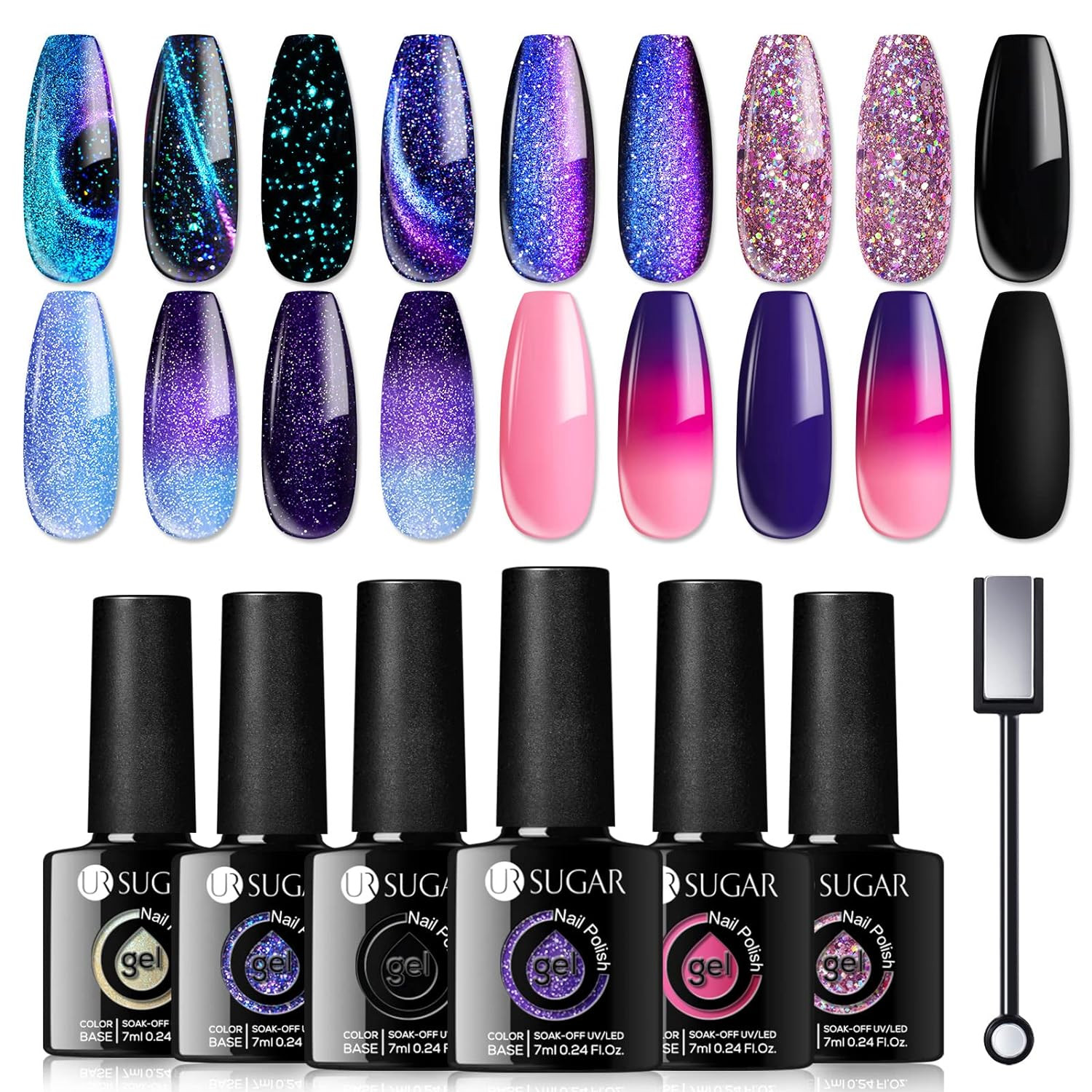 Glitter Gel Nail Polish Set 6 Colors Glitter 9D Cat Magnetic Eye Black