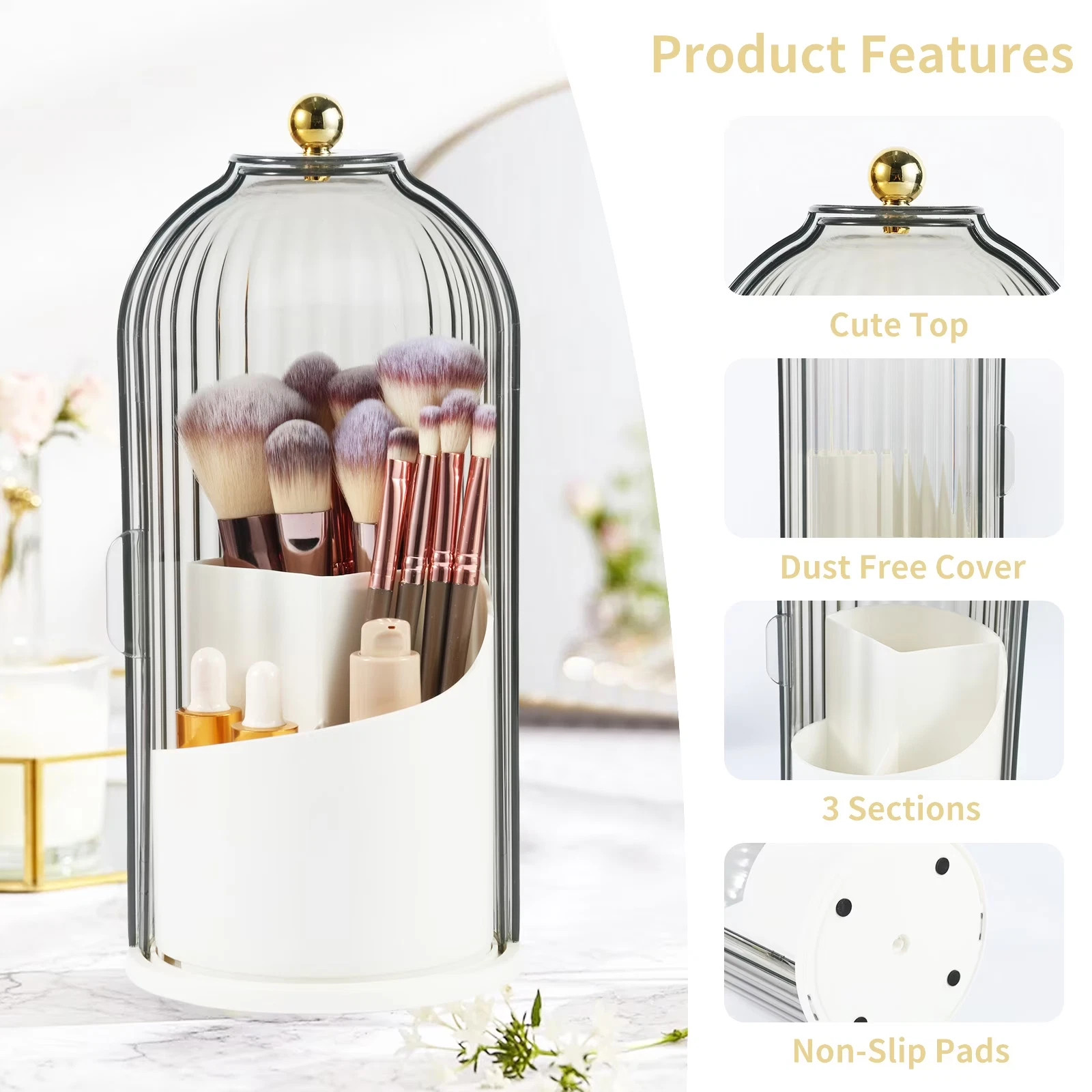 Makeup Brush Holder Organizer with Lid,360 Rotating Clear Dust Proof Makeup Brus