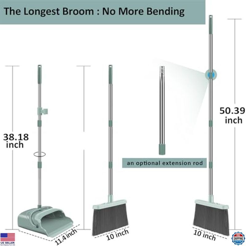 Large Broom and Dustpan Set with Long Handle for Indoor Outdoor Use – Green