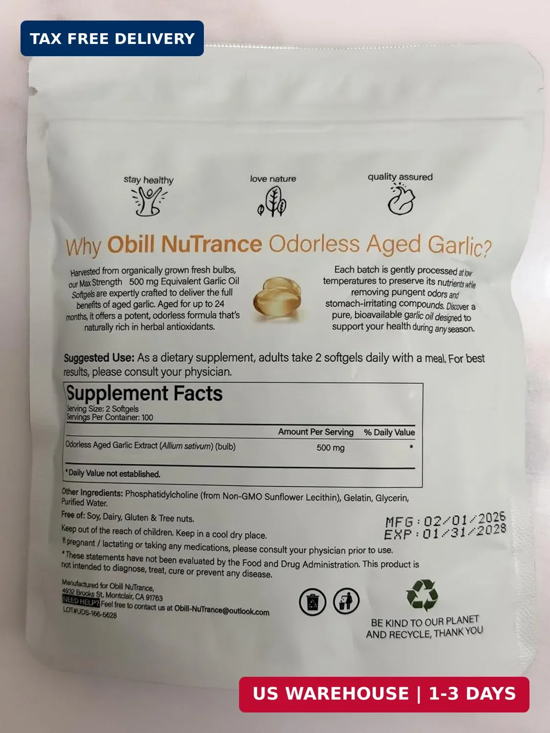 Obill NuTrance Aged Garlic Extract, Odorless Organic Garlic Supplements, 2 Years