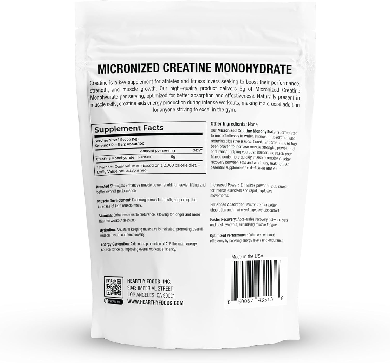HEARTHY FOODS Creatine Monohydrate Micronized Powder 500G – 100 Servings, 5000mg