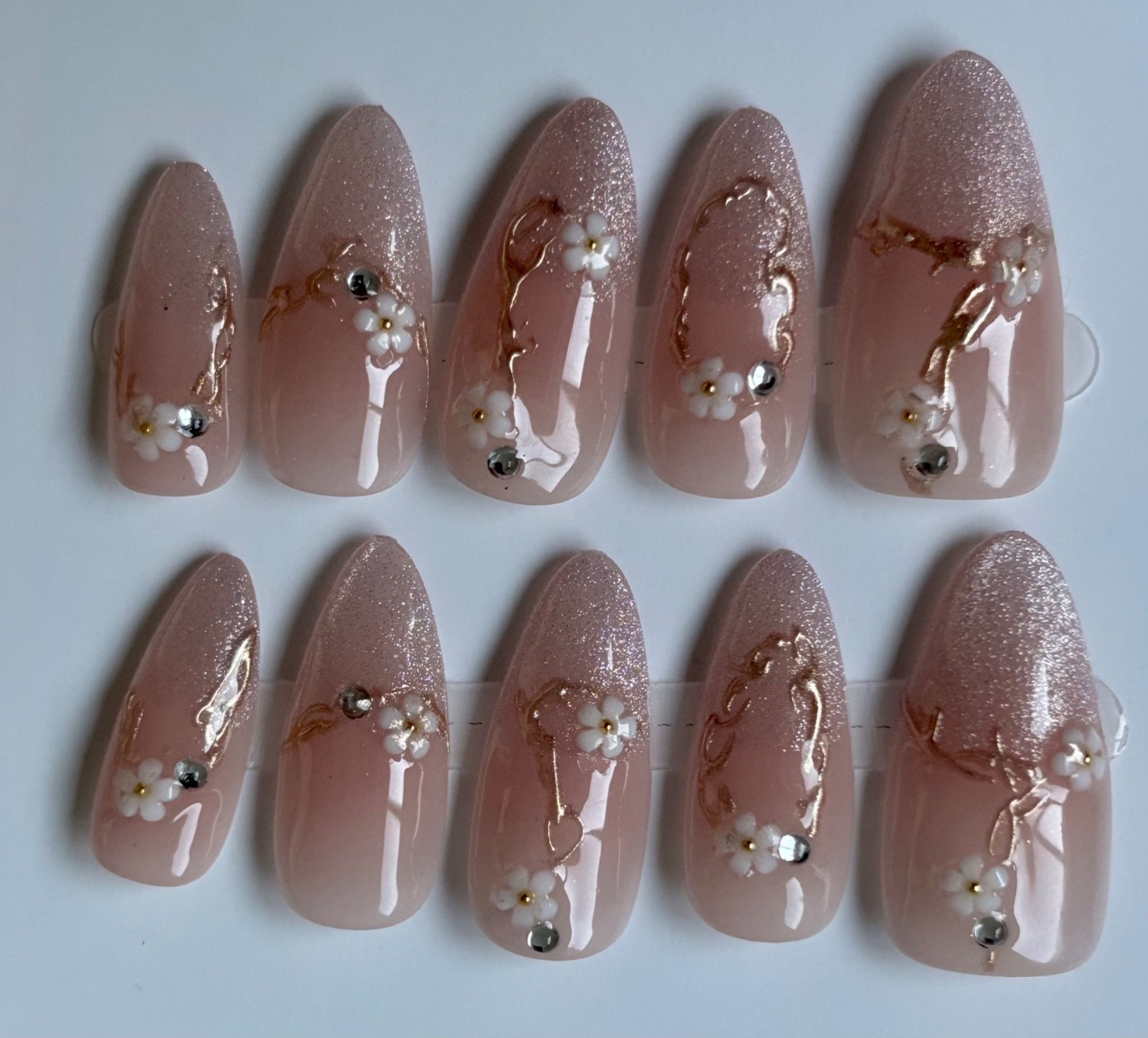 pink flower French almond press on nails handmade