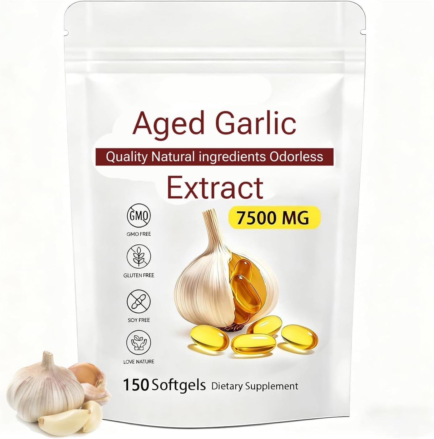 Odorless Garlic 7500mg Per Servings, 150 Softgels | 2 Years Aged Garlic Extra…