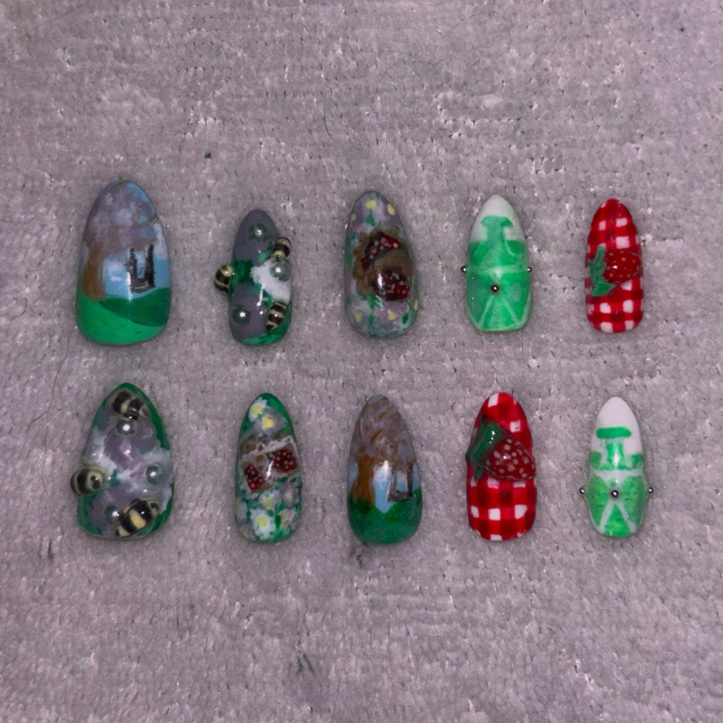 3D Strawberry Glue-On Nails Multicolor Almond Medium Full Cover Pre-Designed
