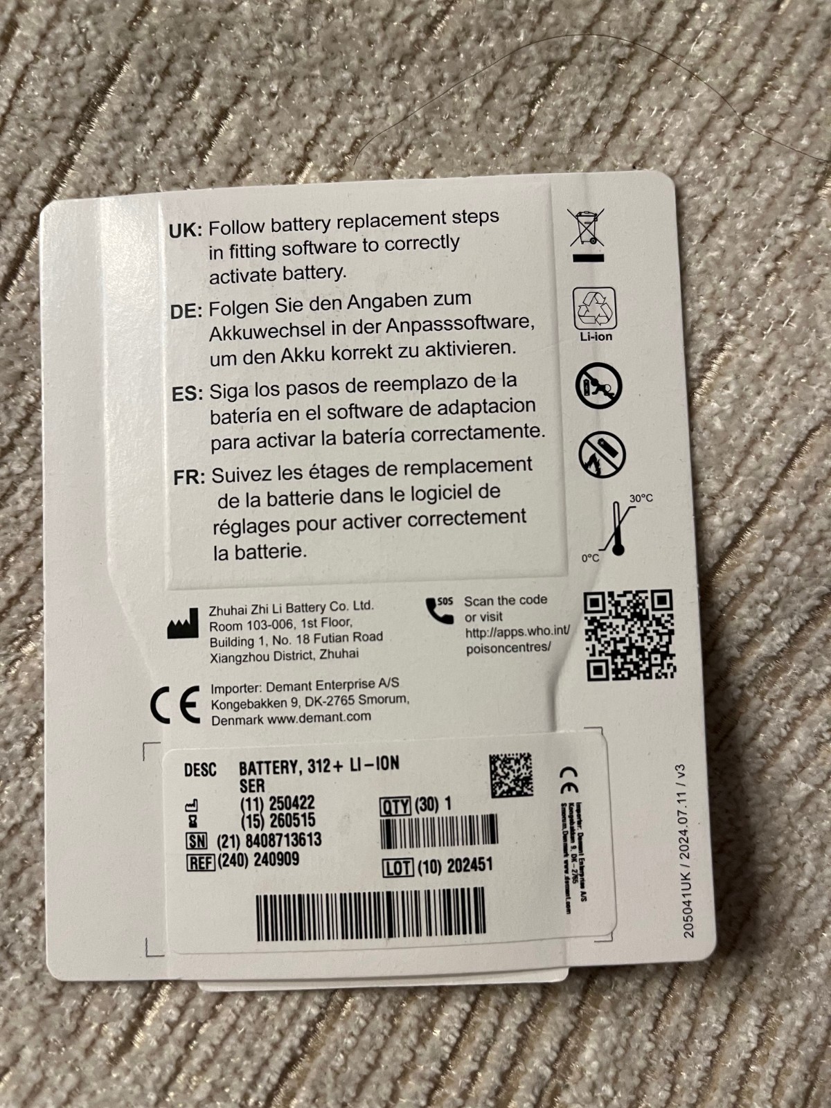 Oticon Hearing Aid rechargeable Li-ion battery Z22A miniRITE R -T R