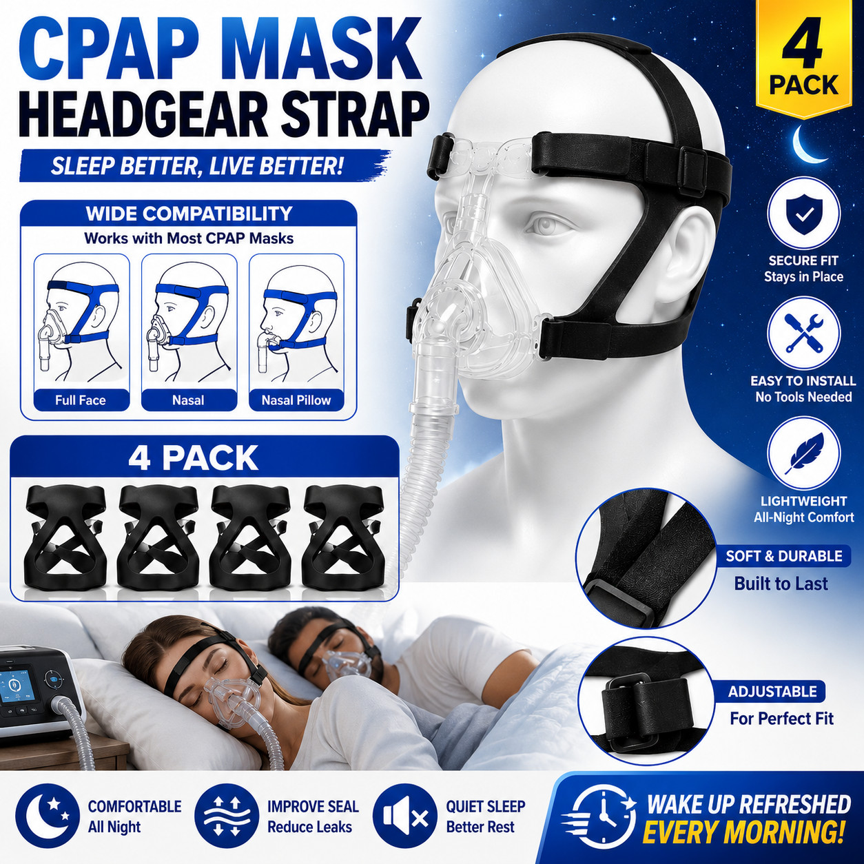 4 Pack CPAP Mask Headgear Replacement Strap Soft Elastic Universal Fit Kit