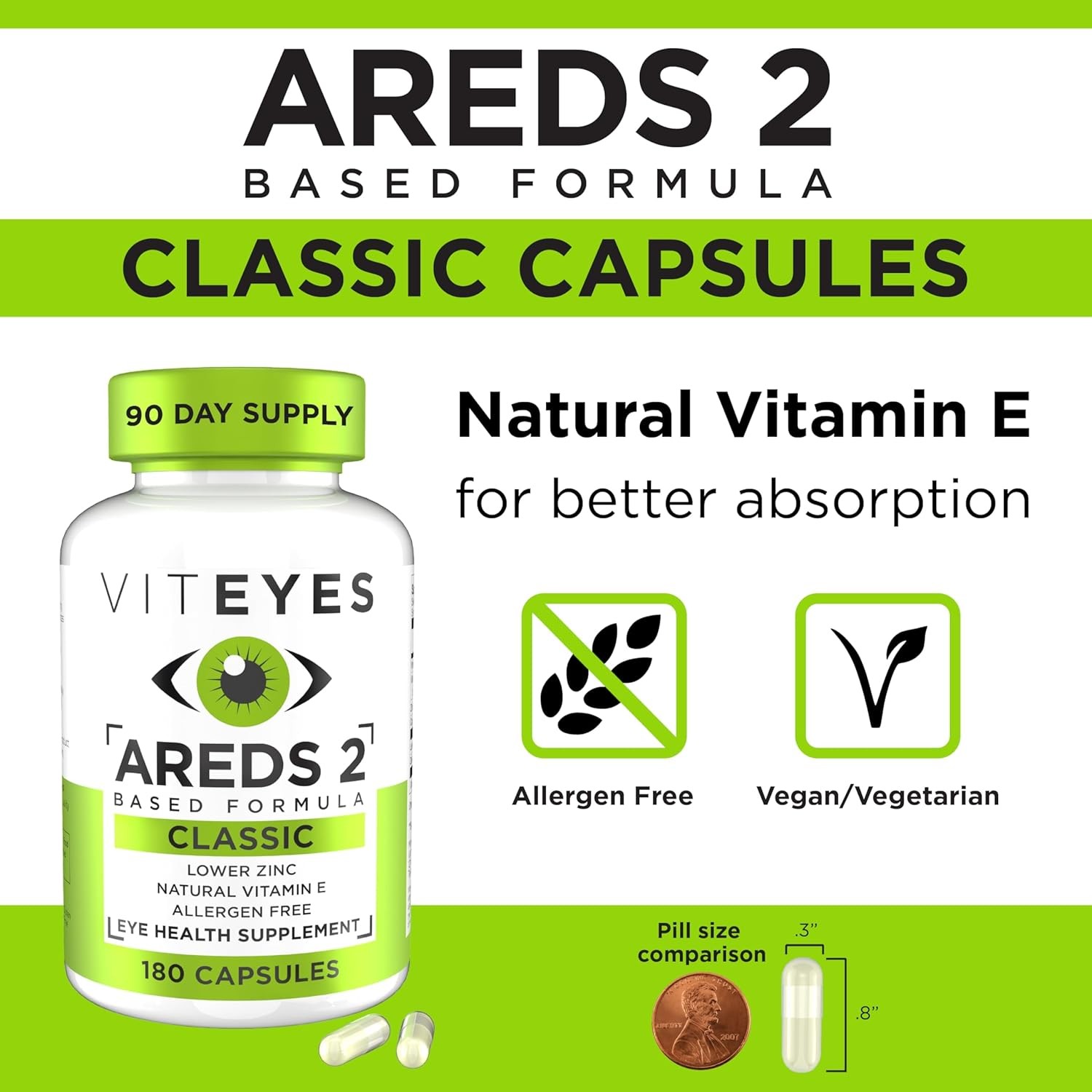 Viteyes AREDS 2 Eye Vitamins, Classic Macular Support, Allergen Free Capsules, w