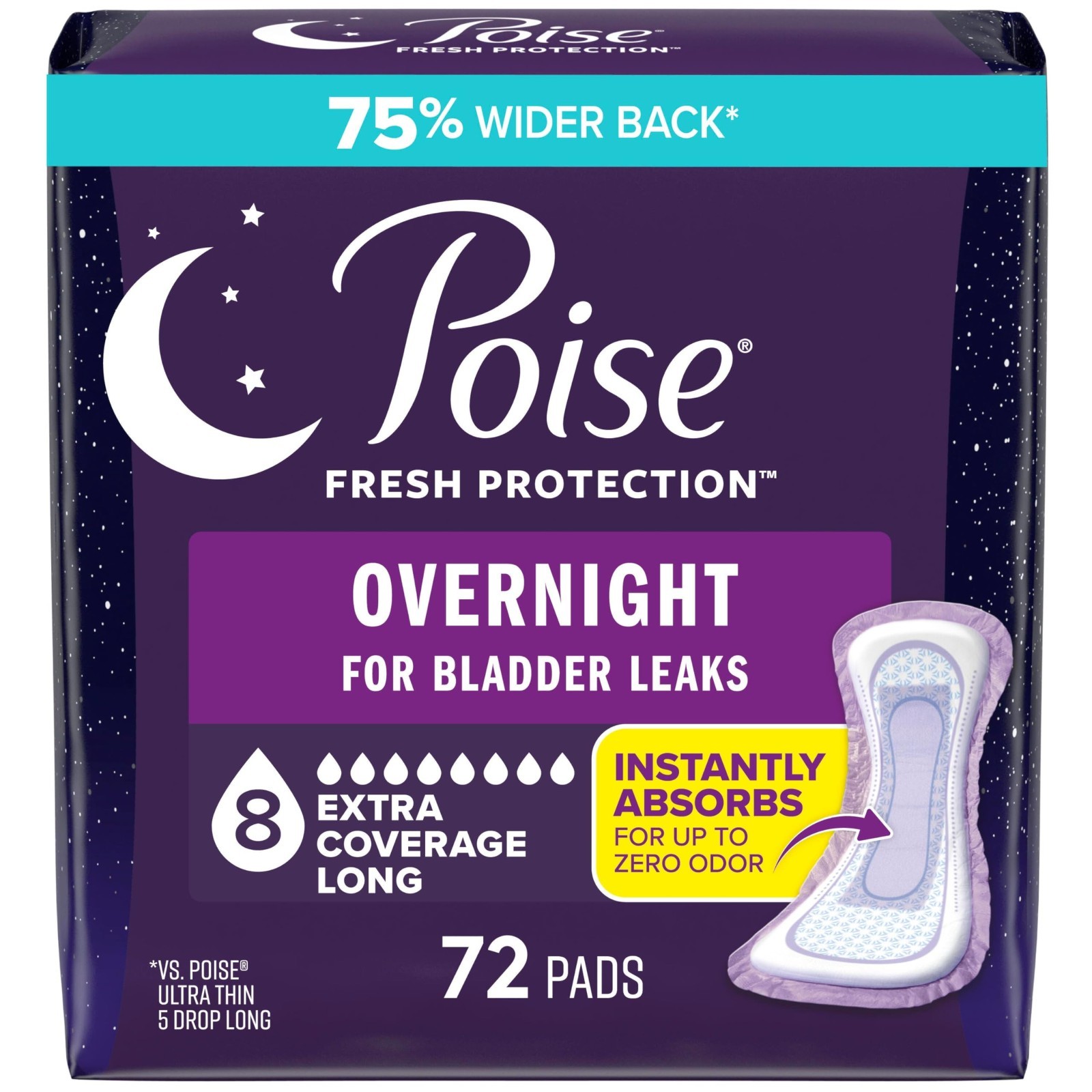Overnight Incontinence & Postpartum Pads, Extra Coverage, 72 Count, Bladder Leak