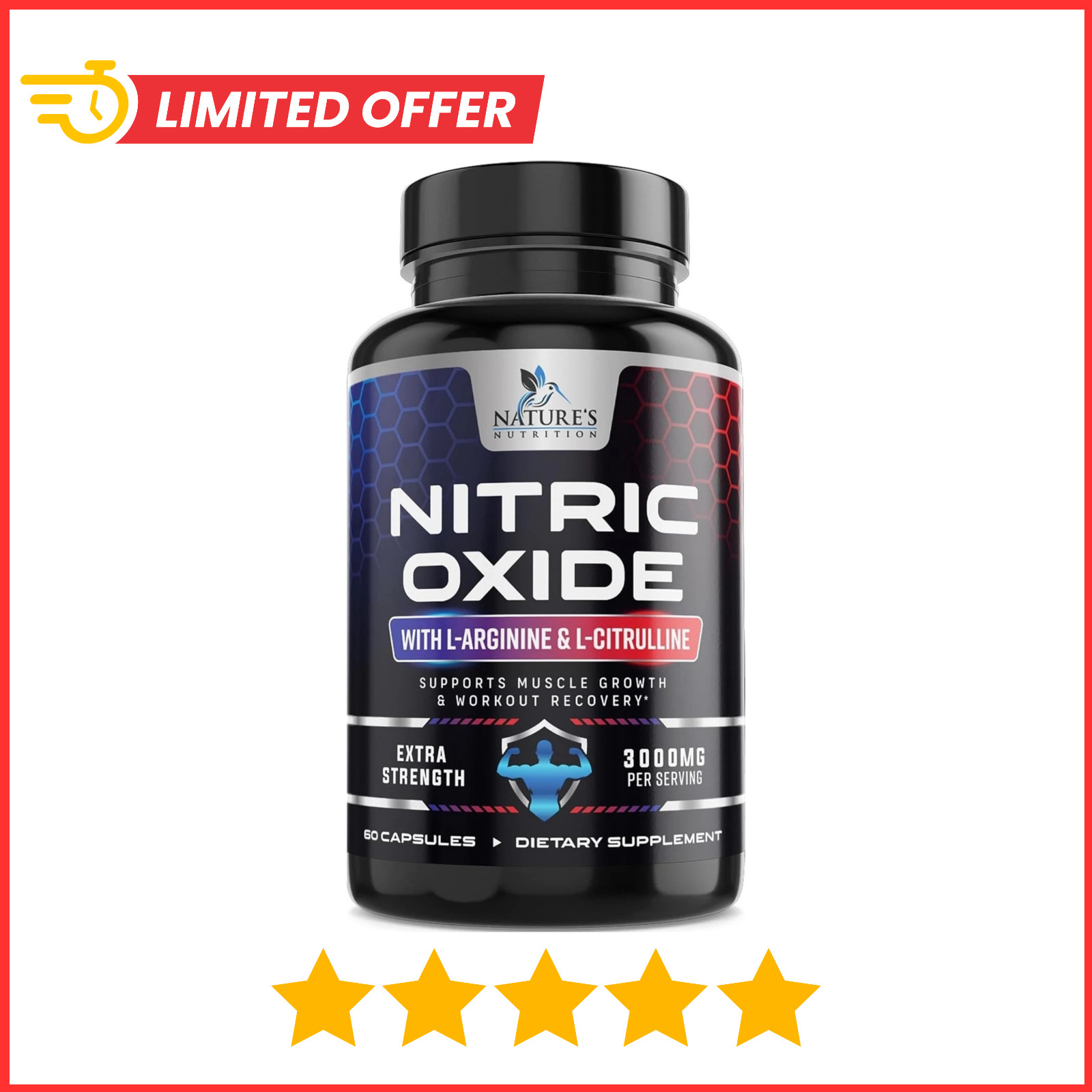 Nitric Oxide Booster 3000mg L-Arginine 3X Extra Strength Capsules