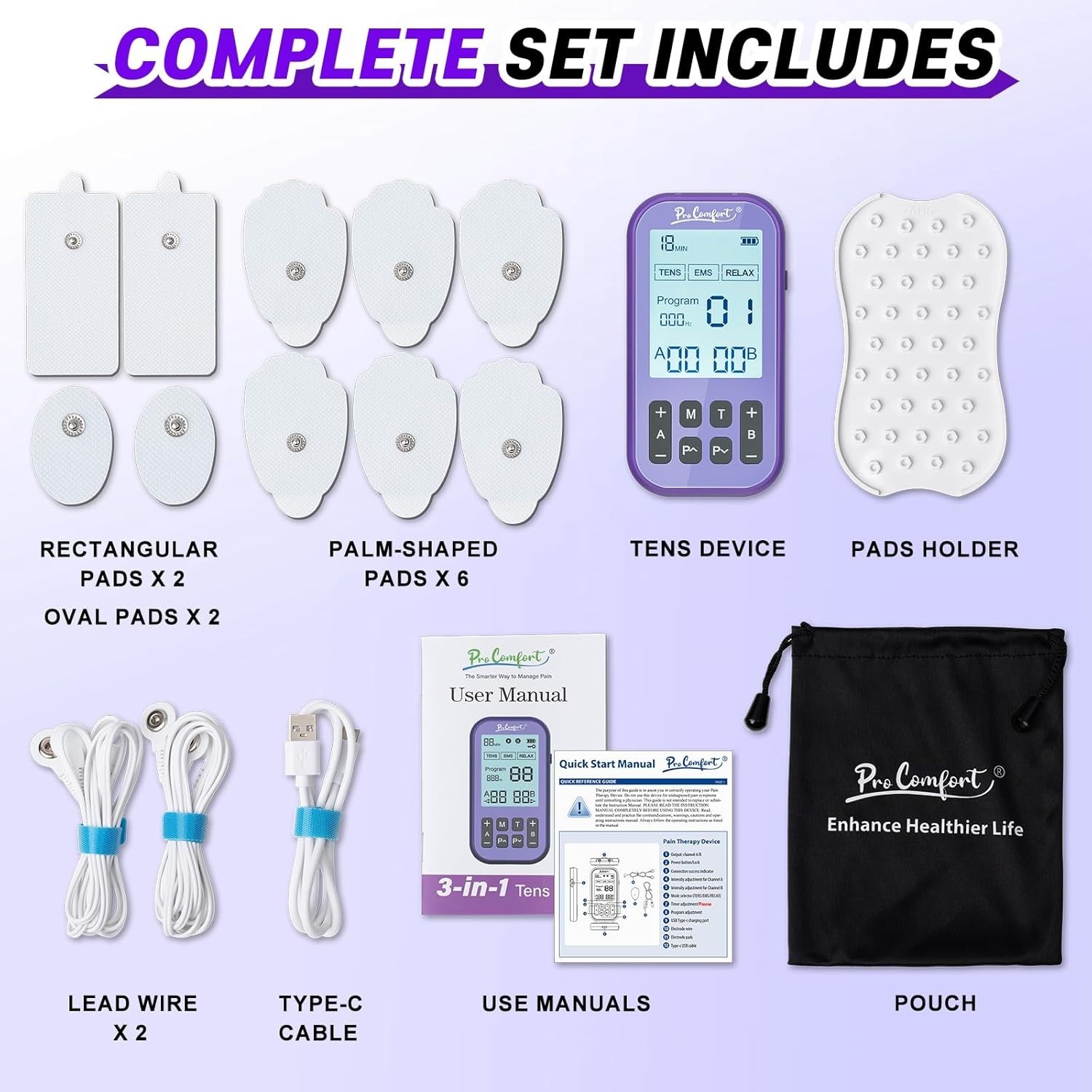 3-in-1 TENS EMS Muscle Stimulator Rechargeable Massager 10 Pads 60 Modes