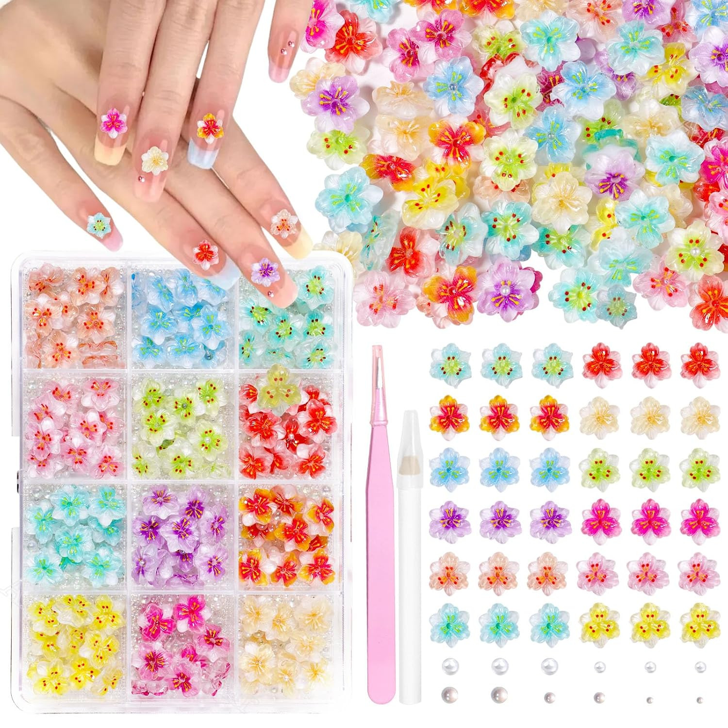 Mini Blossom Flower Nail Charms, 3D Color Flower Nail Art Charms,Mix Sizes Bubbl