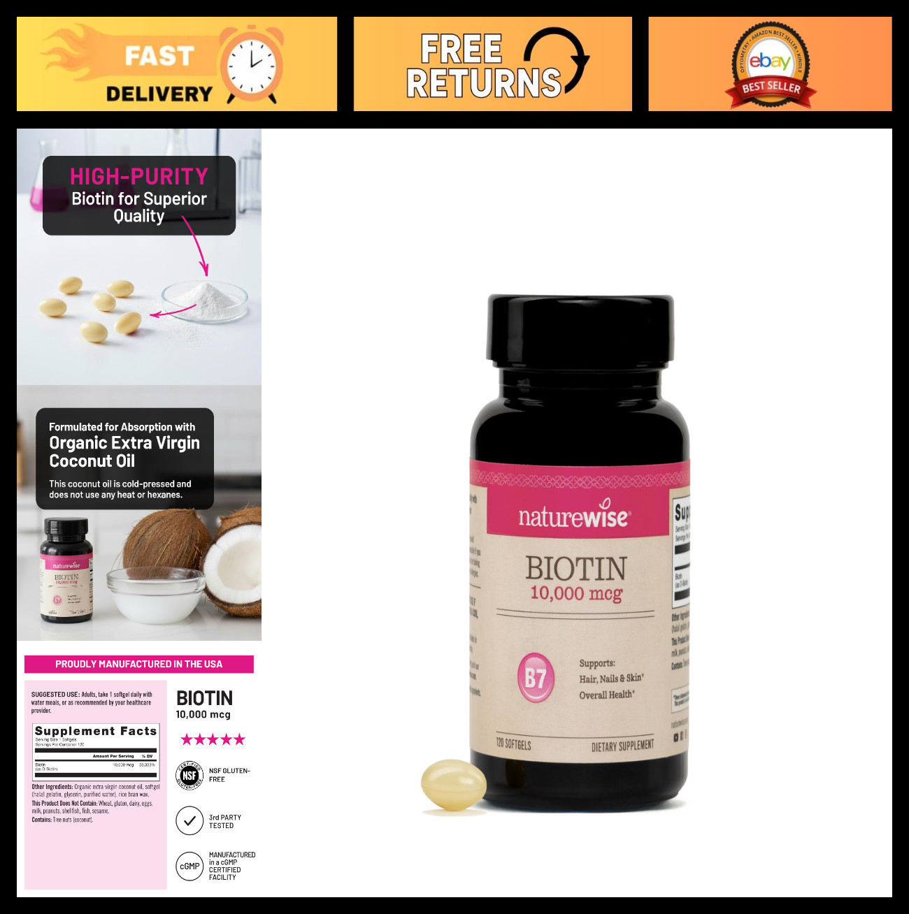 High Potency Biotin 10,000 mcg Softgels for Hair Growth, Skin & Nails – 120 Coun