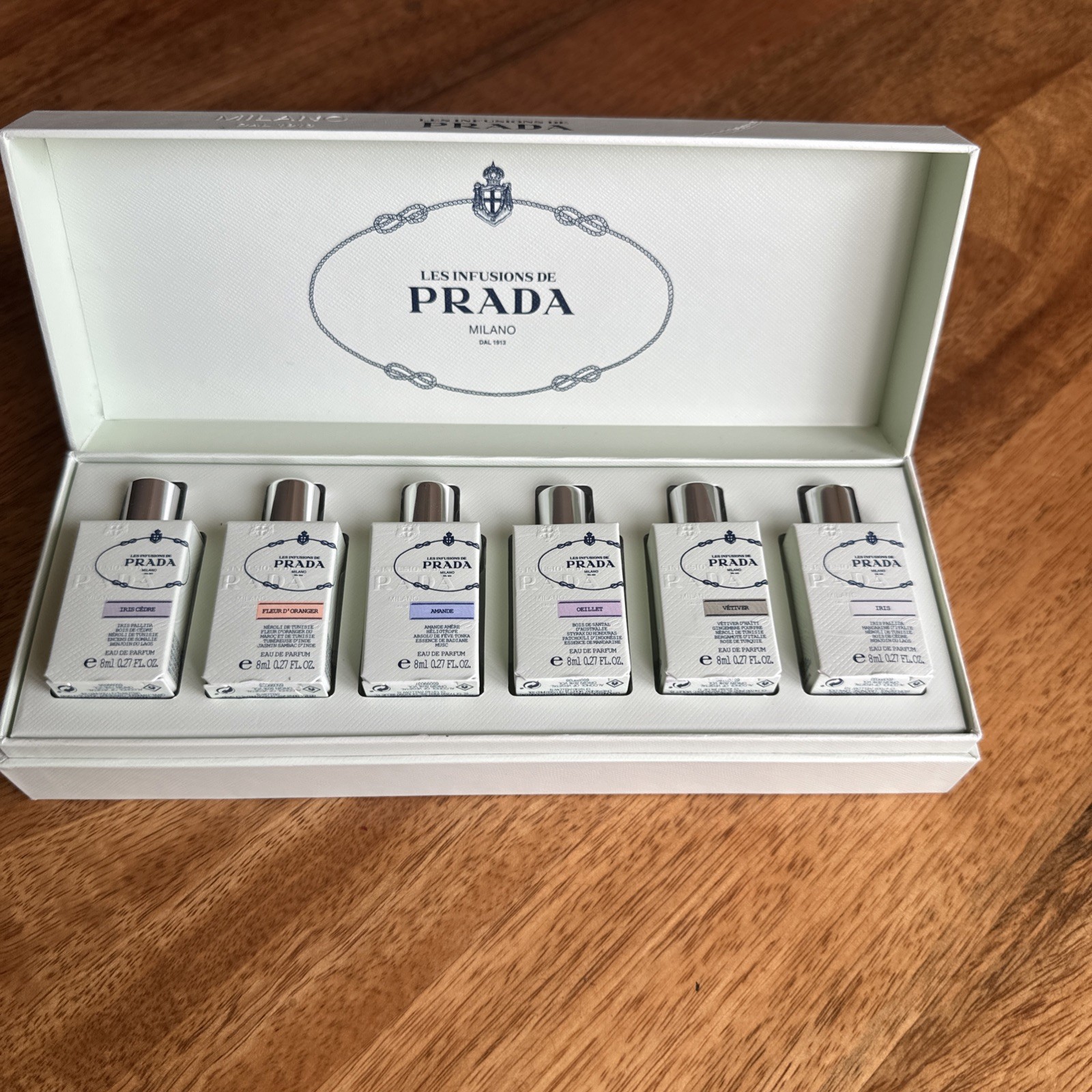 Prada les Infusion, Set Of 6 Mini Gift Set, 0.27oz Each. Boxed set.