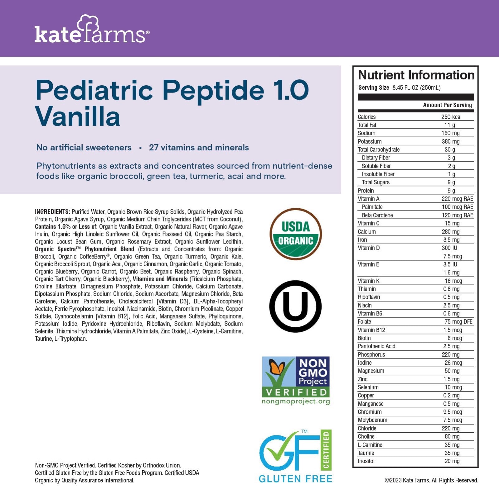 Kate Farms Pediatric Peptide 1.0 Vanilla Shake 8.45 fl oz Gluten-Free Organic