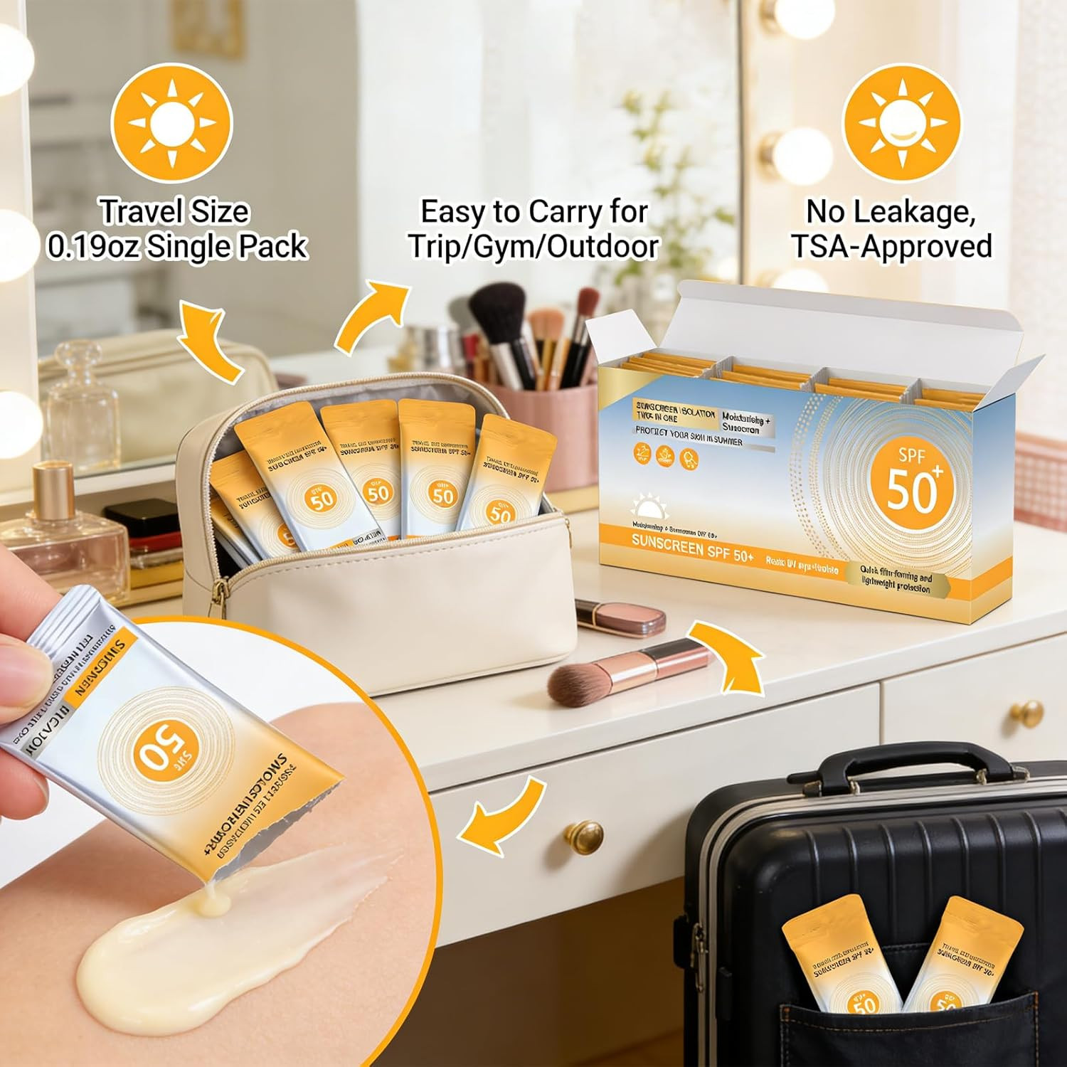 50 Pcs Travel Size Sunscreen SPF 50+ Bulk Mini Sunscreen for Face & Body Ligh