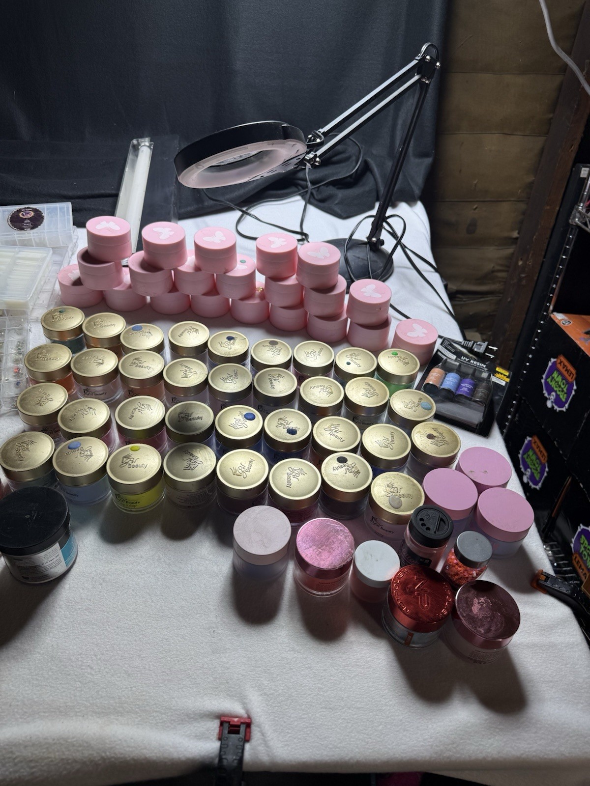 Huge Nail Supply Lot Acrylic Powders Nail Art Charms Tips Organizer Tech Bundle